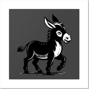 Cute Black and White Donkey Cartoon Animal Art Posters and Art